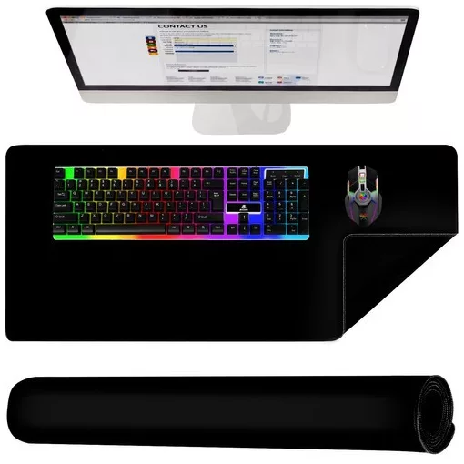 XXL méretű 90x45 cm-es fekete egérpad és billentyűzet pad varrott szélekkel és vízálló felülettel