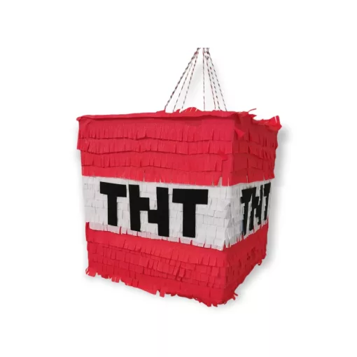 Minecraft Tnt bomba pinyáta édességekkel töltve egy vidám születésnapi bulin.