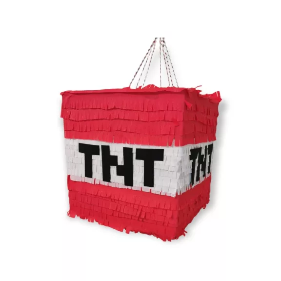 Minecraft Tnt bomba pinyáta édességekkel töltve egy vidám születésnapi bulin.