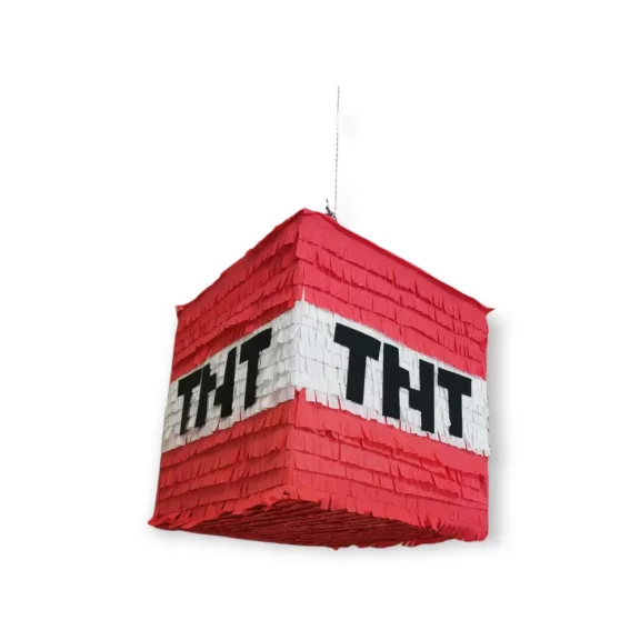 Minecraft Tnt bomba pinyáta édességekkel töltve egy vidám születésnapi bulin.