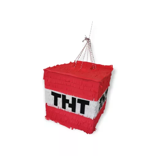 Minecraft Tnt bomba pinyáta édességekkel töltve egy vidám születésnapi bulin.