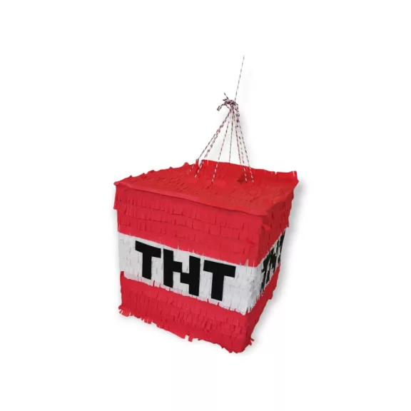 Minecraft Tnt bomba pinyáta édességekkel töltve egy vidám születésnapi bulin.