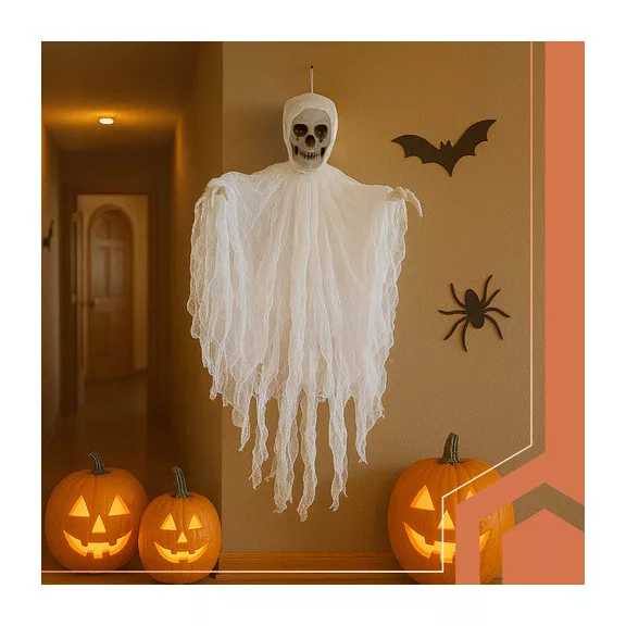 Fehér Akasztós Csontváz Dekoráció 70 cm - Halloween Kísértet Szellem Dísz