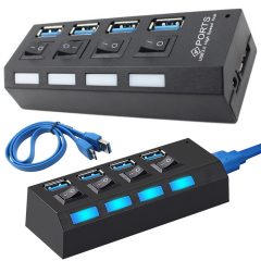 4 portos fekete USB 3.0 elosztó hub egyenkénti kapcsolóval és kék LED-del
