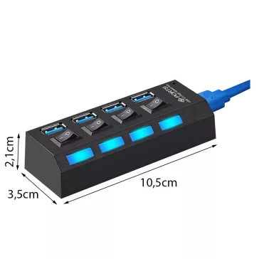 4 portos fekete USB 3.0 elosztó hub egyenkénti kapcsolóval és kék LED-del