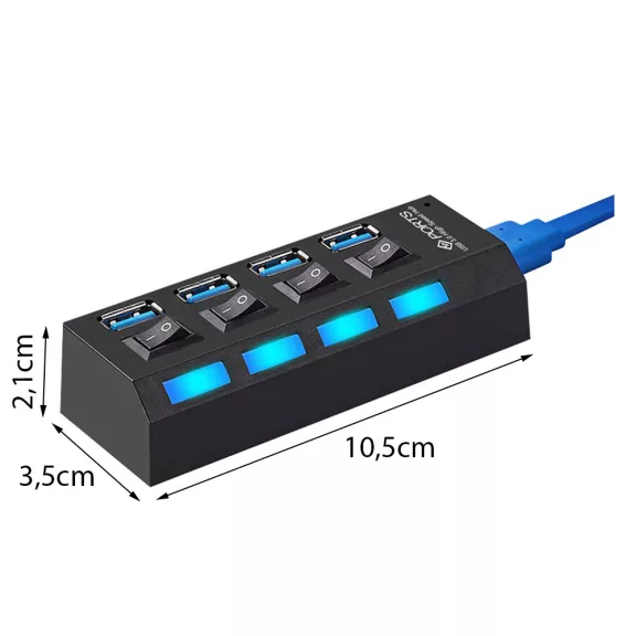 4 portos fekete USB 3.0 elosztó hub egyenkénti kapcsolóval és kék LED-del