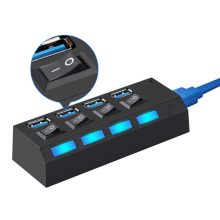 4 portos fekete USB 3.0 elosztó hub egyenkénti kapcsolóval és kék LED-del