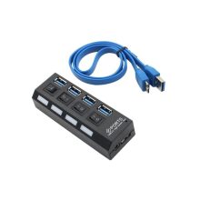 4 portos fekete USB 3.0 elosztó hub egyenkénti kapcsolóval és kék LED-del