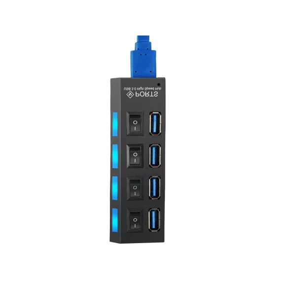 4 portos fekete USB 3.0 elosztó hub egyenkénti kapcsolóval és kék LED-del