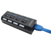 4 portos fekete USB 3.0 elosztó hub egyenkénti kapcsolóval és kék LED-del