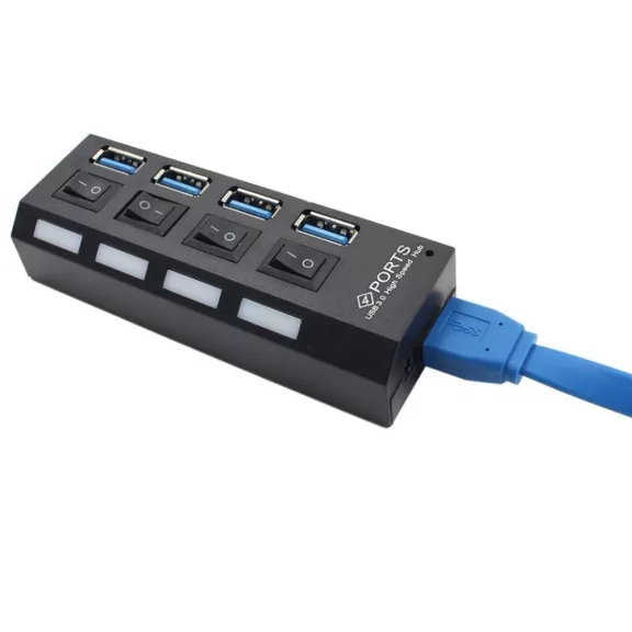 4 portos fekete USB 3.0 elosztó hub egyenkénti kapcsolóval és kék LED-del
