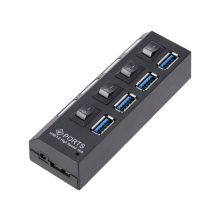 4 portos fekete USB 3.0 elosztó hub egyenkénti kapcsolóval és kék LED-del