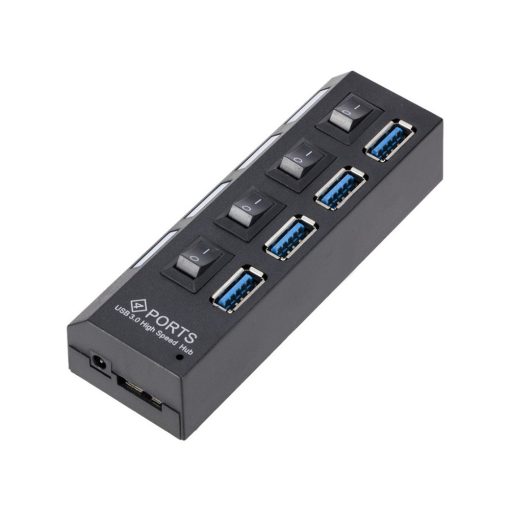 4 portos fekete USB 3.0 elosztó hub egyenkénti kapcsolóval és kék LED-del