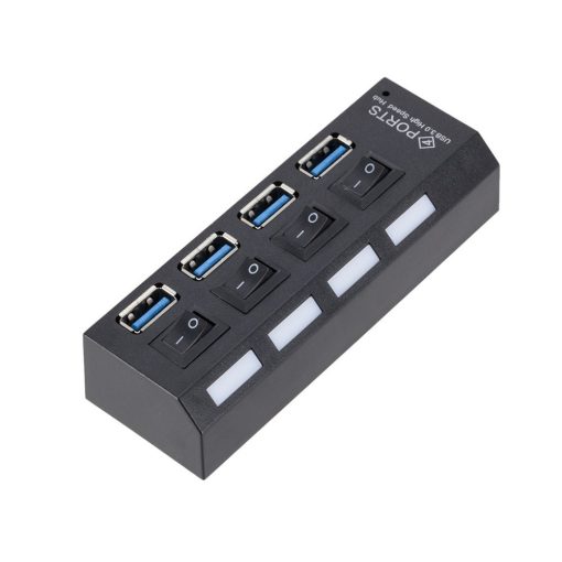 4 portos fekete USB 3.0 elosztó hub egyenkénti kapcsolóval és kék LED-del