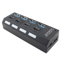 4 portos fekete USB 3.0 elosztó hub egyenkénti kapcsolóval és kék LED-del