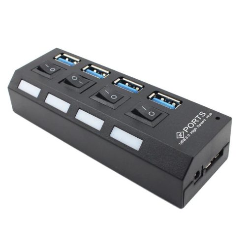4 portos fekete USB 3.0 elosztó hub egyenkénti kapcsolóval és kék LED-del