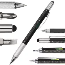 Többfunkciós toll 6 az 1-ben, multitool csavarhúzóval, vízmérékkel, mérőszalaggal, stylussal, klipsz, praktikus ajándék ezermestereknek