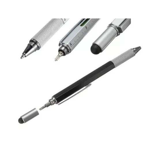 Többfunkciós toll 6 az 1-ben, multitool csavarhúzóval, vízmérékkel, mérőszalaggal, stylussal, klipsz, praktikus ajándék ezermestereknek