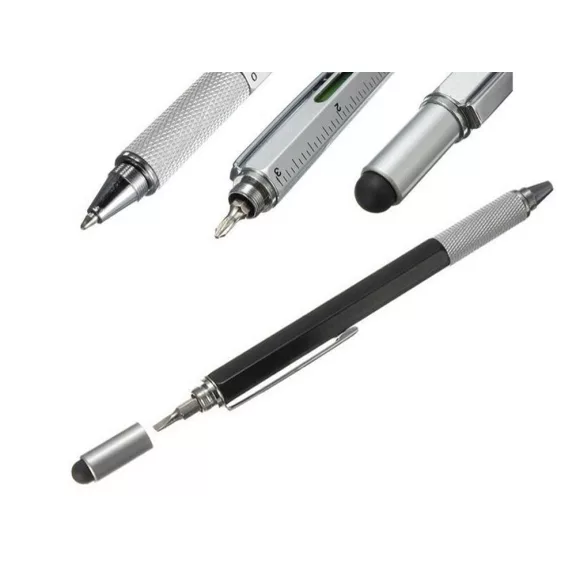 Többfunkciós toll 6 az 1-ben, multitool csavarhúzóval, vízmérékkel, mérőszalaggal, stylussal, klipsz, praktikus ajándék ezermestereknek