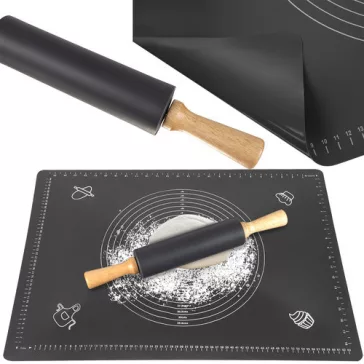 Ruhhy szilikon nyújtó-gyúrólap és sodrófa szett, XXL méretű (70x50 cm) gyúrótábla beosztásokkal, tapadásmentes szilikon sodrófa fa nyéllel, sütéshez és főzéshez