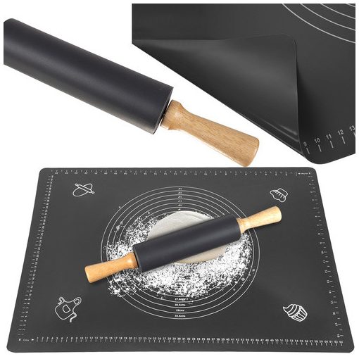 Ruhhy szilikon nyújtó-gyúrólap és sodrófa szett, XXL méretű (70x50 cm) gyúrótábla beosztásokkal, tapadásmentes szilikon sodrófa fa nyéllel, sütéshez és főzéshez