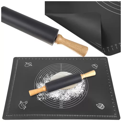 Ruhhy szilikon nyújtó-gyúrólap és sodrófa szett, XXL méretű (70x50 cm) gyúrótábla beosztásokkal, tapadásmentes szilikon sodrófa fa nyéllel, sütéshez és főzéshez