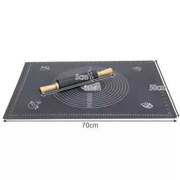 Ruhhy szilikon nyújtó-gyúrólap és sodrófa szett, XXL méretű (70x50 cm) gyúrótábla beosztásokkal, tapadásmentes szilikon sodrófa fa nyéllel, sütéshez és főzéshez