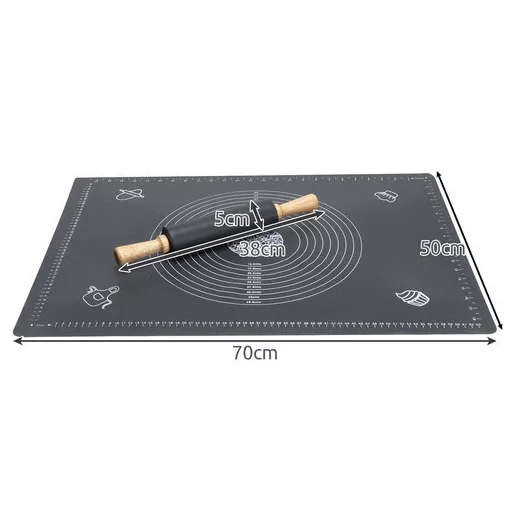 Ruhhy szilikon nyújtó-gyúrólap és sodrófa szett, XXL méretű (70x50 cm) gyúrótábla beosztásokkal, tapadásmentes szilikon sodrófa fa nyéllel, sütéshez és főzéshez