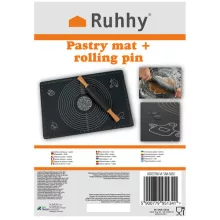 Ruhhy szilikon nyújtó-gyúrólap és sodrófa szett, XXL méretű (70x50 cm) gyúrótábla beosztásokkal, tapadásmentes szilikon sodrófa fa nyéllel, sütéshez és főzéshez