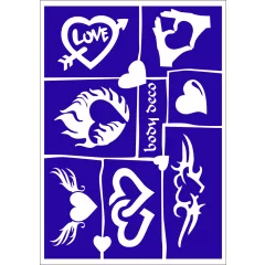 KiviArt A5-ös méretű szíves csillámtetoválás sablonszett 8 különböző szívmintával