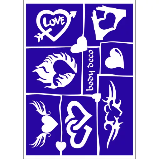 KiviArt A5-ös méretű szíves csillámtetoválás sablonszett 8 különböző szívmintával