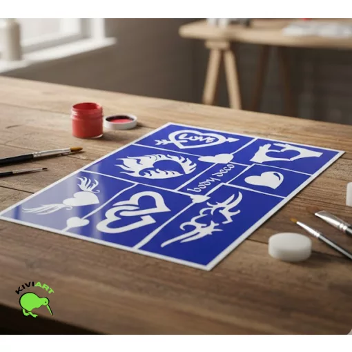 KiviArt A5-ös méretű szíves csillámtetoválás sablonszett 8 különböző szívmintával