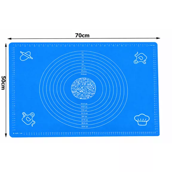 70x50 cm-es kék szilikon nyújtólap mérőskálával tészta dagasztáshoz