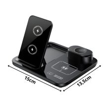 Fekete 3 az 1-ben vezeték nélküli töltőállomás telefonnal, órával és fülhallgatóval