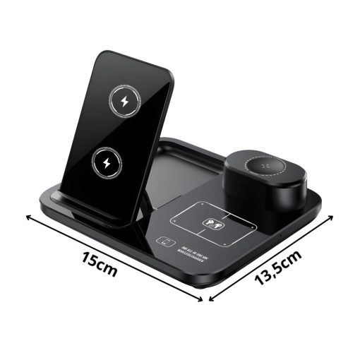 Fekete 3 az 1-ben vezeték nélküli töltőállomás telefonnal, órával és fülhallgatóval