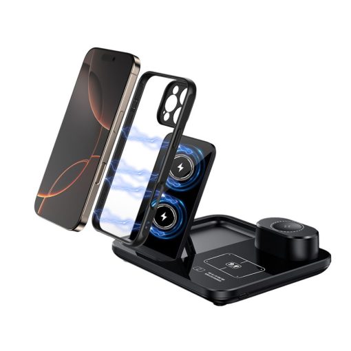 Fekete 3 az 1-ben vezeték nélküli töltőállomás telefonnal, órával és fülhallgatóval