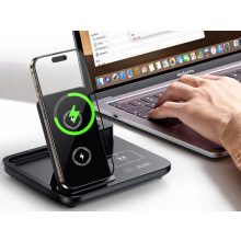 Fekete 3 az 1-ben vezeték nélküli töltőállomás telefonnal, órával és fülhallgatóval