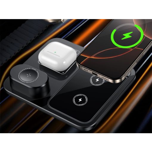 Fekete 3 az 1-ben vezeték nélküli töltőállomás telefonnal, órával és fülhallgatóval