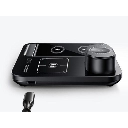 Fekete 3 az 1-ben vezeték nélküli töltőállomás telefonnal, órával és fülhallgatóval