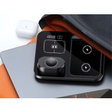 Fekete 3 az 1-ben vezeték nélküli töltőállomás telefonnal, órával és fülhallgatóval