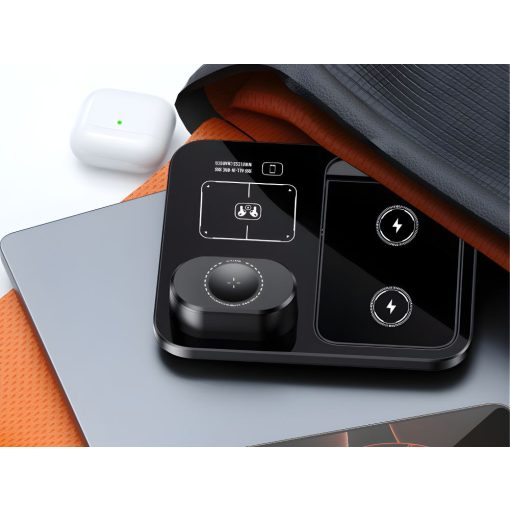 Fekete 3 az 1-ben vezeték nélküli töltőállomás telefonnal, órával és fülhallgatóval