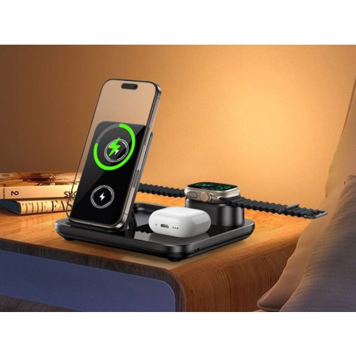 Fekete 3 az 1-ben vezeték nélküli töltőállomás telefonnal, órával és fülhallgatóval