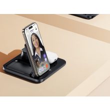 Fekete 3 az 1-ben vezeték nélküli töltőállomás telefonnal, órával és fülhallgatóval