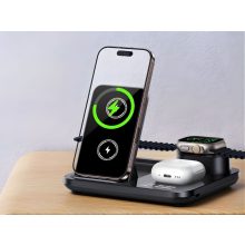 Fekete 3 az 1-ben vezeték nélküli töltőállomás telefonnal, órával és fülhallgatóval