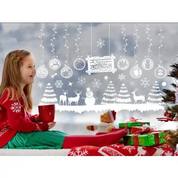 Karácsonyi ablakmatrica szett, karácsonyfa és hópehely minták, ünnepi díszítőmatrica üvegre, könnyen felragasztható és eltávolítható
