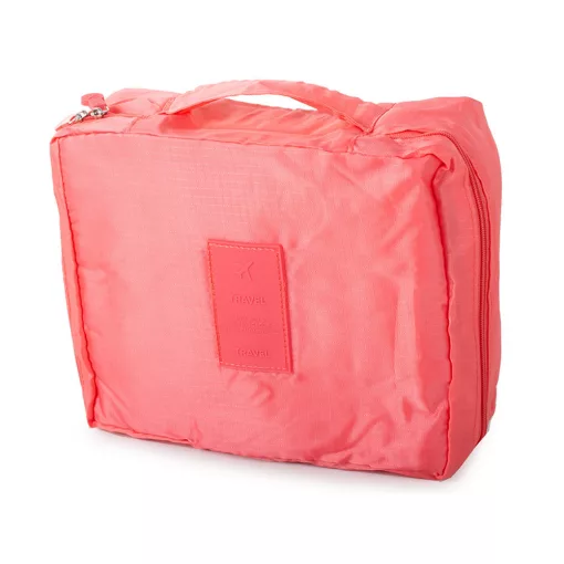 Lazac színű utazó kozmetikai táska nyitott állapotban, látható belső rekeszekkel és rendszerezővel