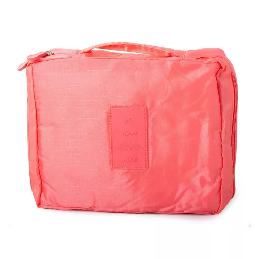 Lazac színű utazó kozmetikai táska nyitott állapotban, látható belső rekeszekkel és rendszerezővel
