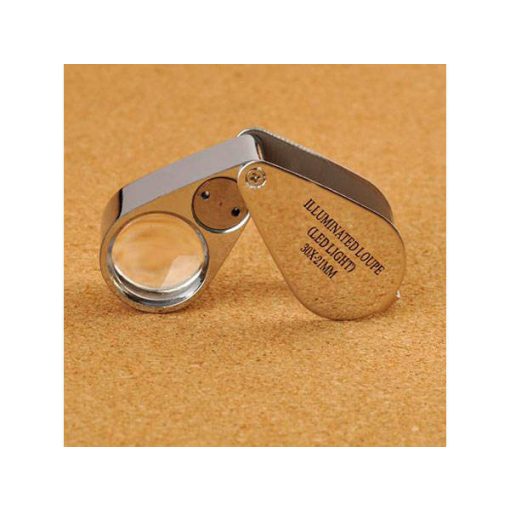 30x nagyítású összecsukható ezüst alumínium zsebnagyító 2 LED-del