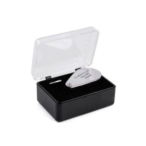 30x nagyítású összecsukható ezüst alumínium zsebnagyító 2 LED-del