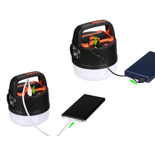 Kempinglámpa, akkumulátoros LED lámpa, USB tölthető, napelemes töltés, turista lámpa, kampós, többfunkciós, áramszünet esetére